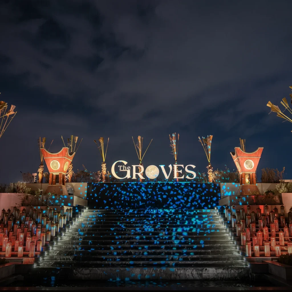 Illuminated event entrance with lantern-lined steps at night.